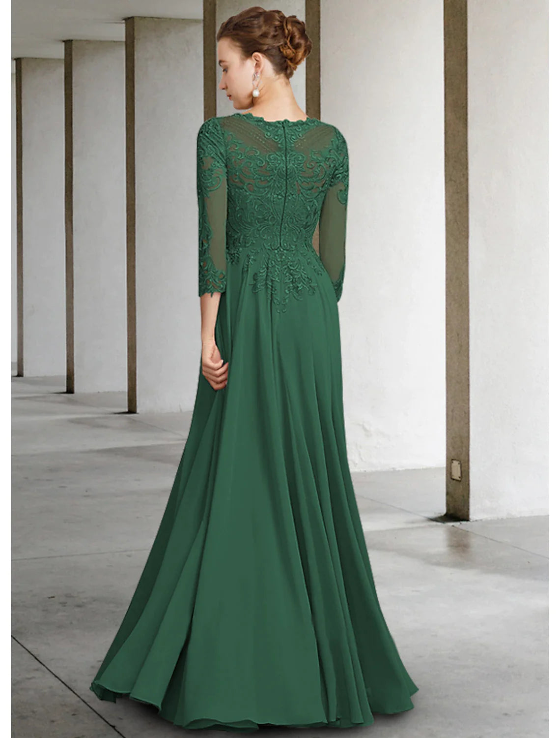 Wholesale A-Line Mother of the Bride Dress Elegant Jewel Neck Floor Length Chiffon Lace 3/4 Length Sleeve with Pleats Appliques